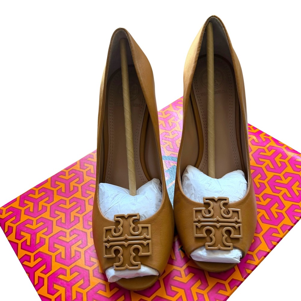 Tory Burch Melinda Open Toe Wedge Blond Tan Leather Logo Pump 6 - Picture 4 of 11